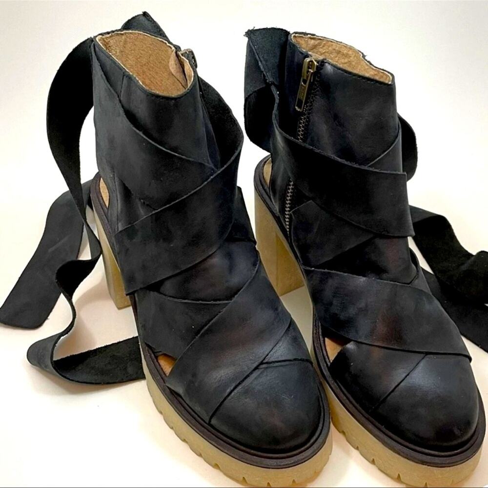 Free People blake Black leather Heeled ankle straps made in spain platform heel